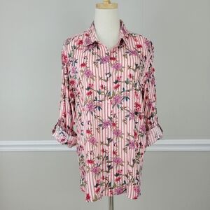 Como Vintage Floral Coral Adjustable Sleeves Button Down Blouse Top Size XL